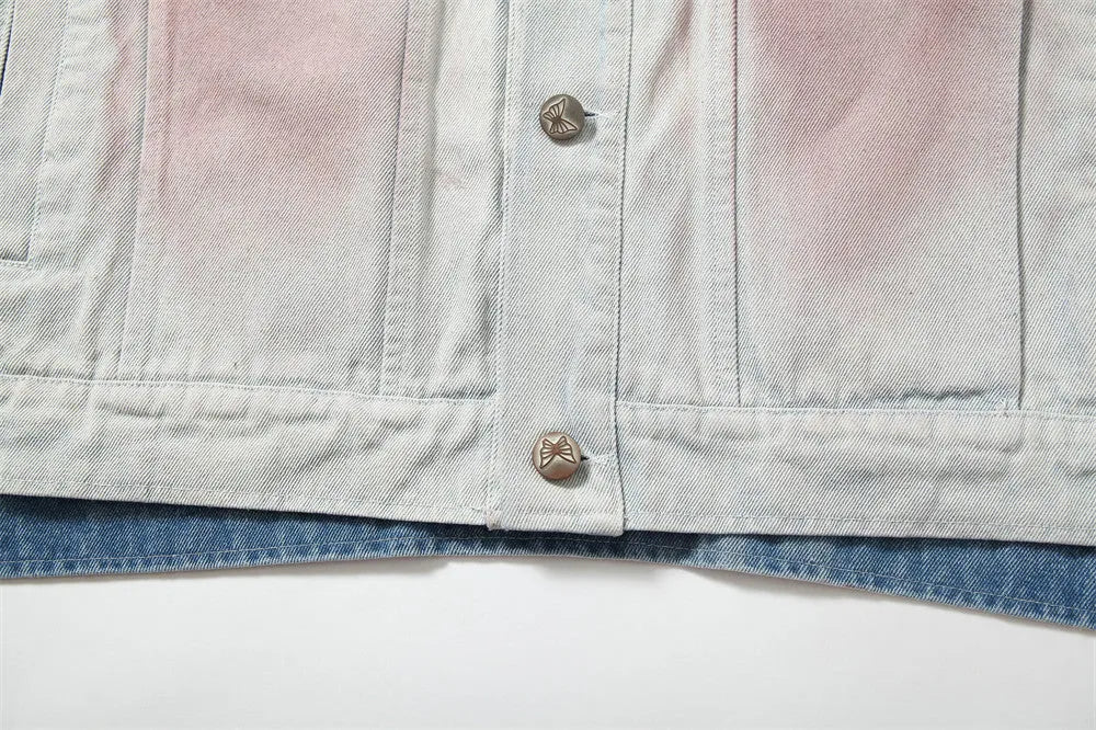 Blue inkjet tie-dyed loose-fit denim jacket for men with long sleeves and straight hem