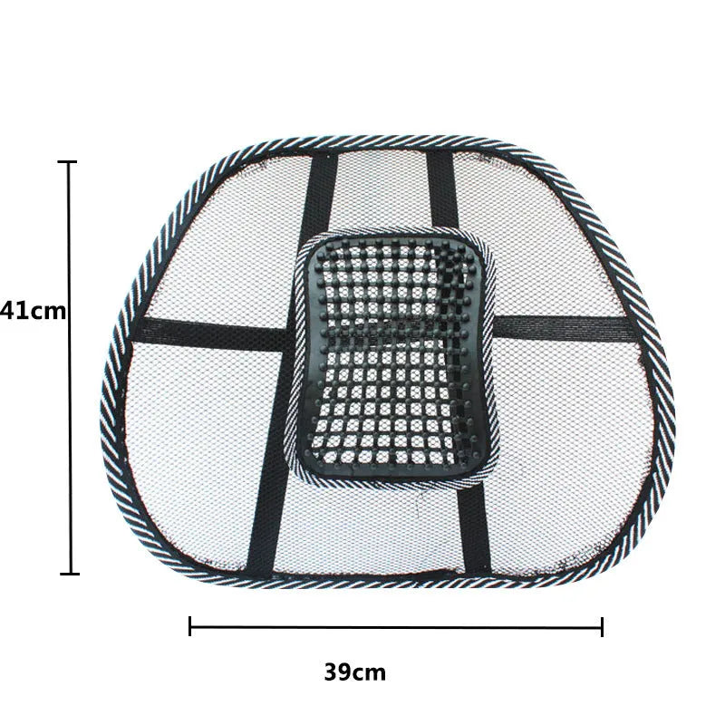Black car lumbar support pillow with mesh cover on a car seat.