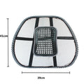 Black car lumbar support pillow with mesh cover on a car seat.