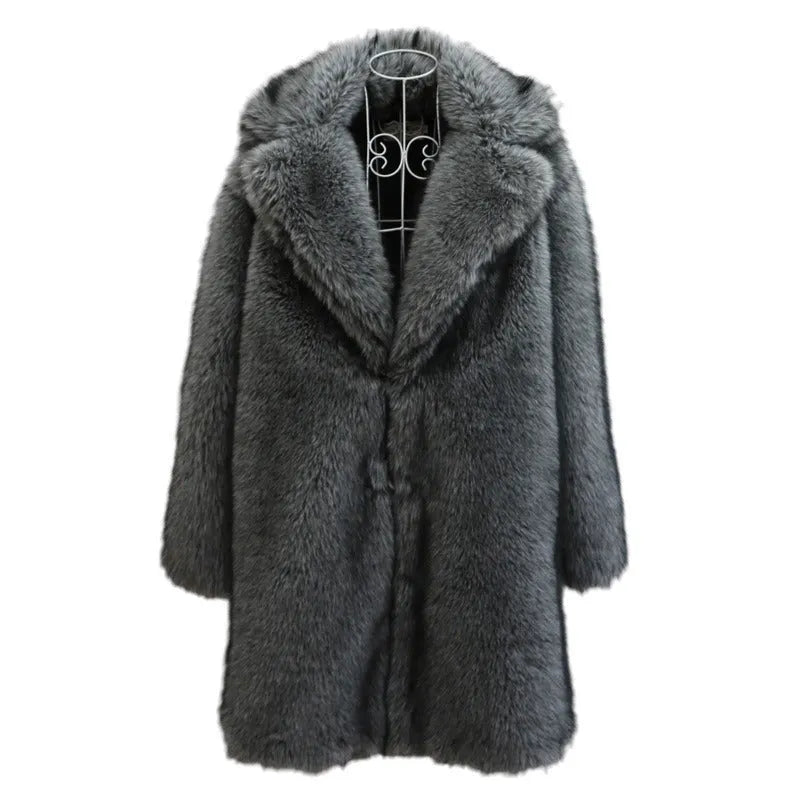 Men's dark gray imitation fox fur long-cut coat with loose fit and side pockets on a model