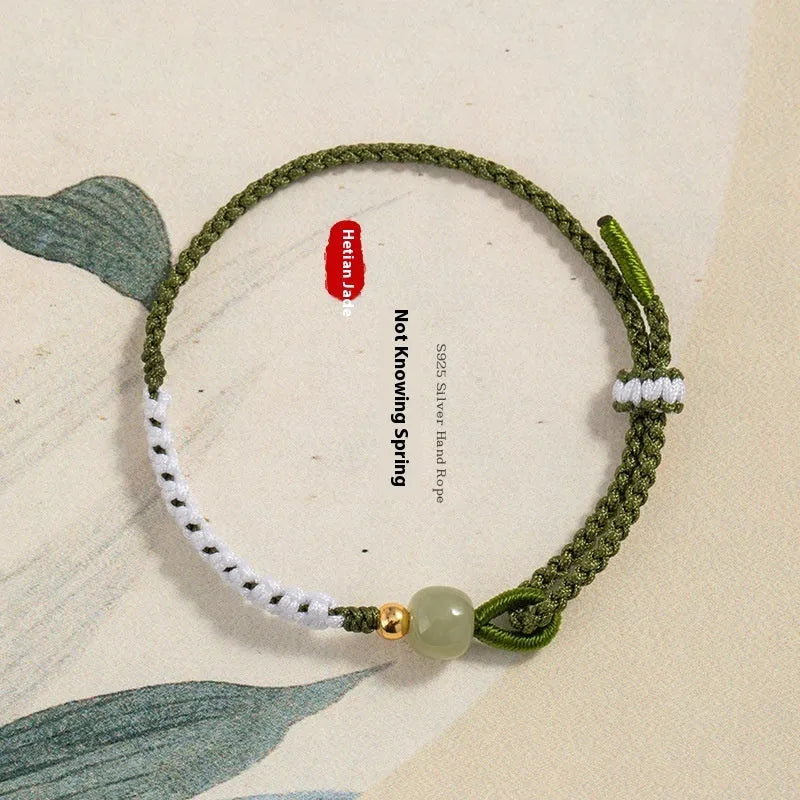 Sterling silver electroplated Hetian jade bracelet on adjustable cord strap