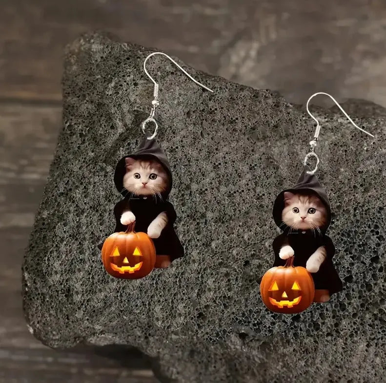 Handmade acrylic cat pumpkin earrings flat Christmas style for women