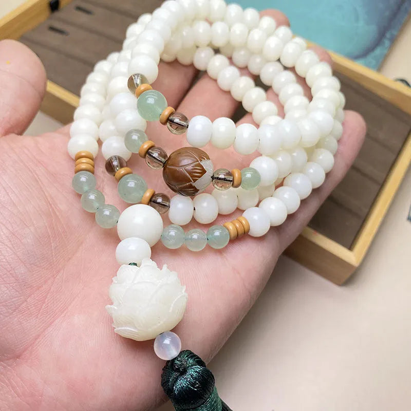 White Jade Bodhi beaded bracelet with 108 beads, showing different style and size options.