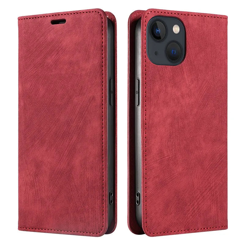 Magnetic leather flip phone case for iPhone shown closed, displaying the solid colour and front cover.