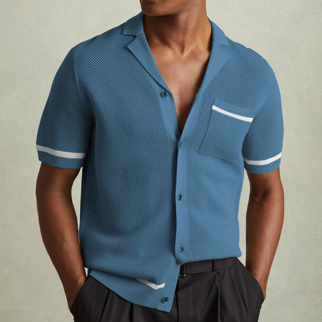 Men's Cuban collar short sleeve polo shirt in blue featuring flocking texture detail, regular fit, Tencel viscose fabric