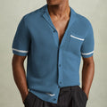 Men's Cuban collar short sleeve polo shirt in blue featuring flocking texture detail, regular fit, Tencel viscose fabric