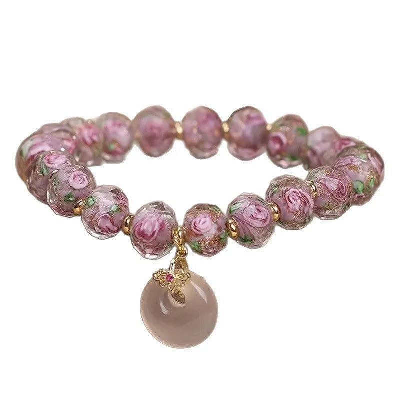 Purple glass bracelet for women with peace buckle and flower charm, sweet style travel gift