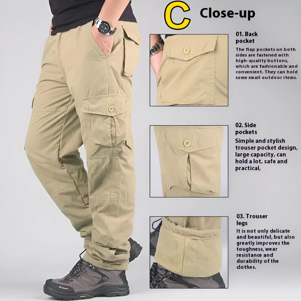 Men's khaki velvet overalls with wool lining showing straight leg opening and loose fit