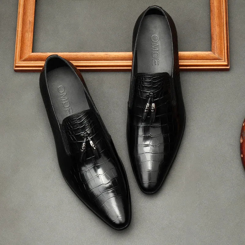 Formal men's black genuine cowhide leather pointed toe dress shoes with rubber sole