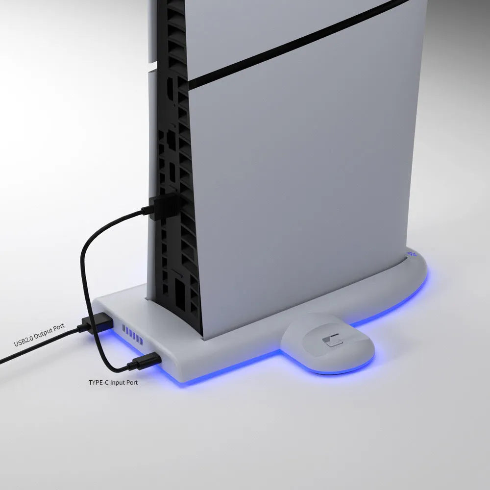 White PS5 Slim charging base with cooling pad and RGB ambient lighting
