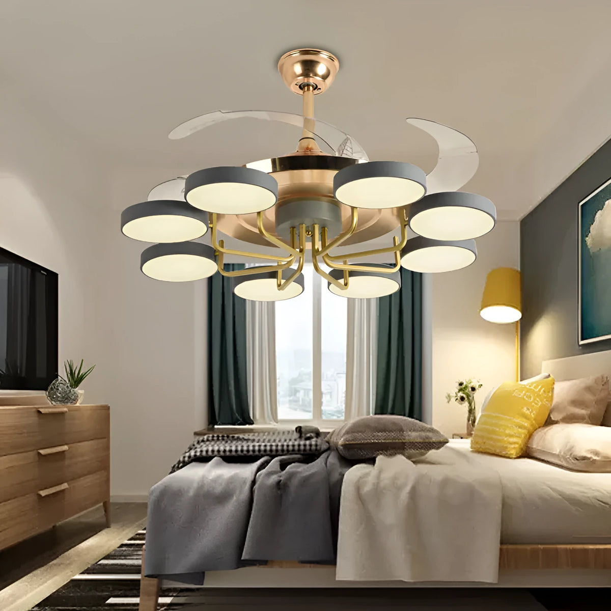 Modern overhead fan lamp with three colour dimming LED and remote control, 42-inch blade span, iron art construction