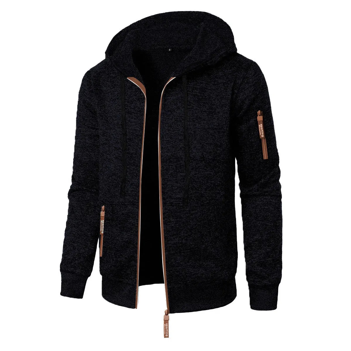 Men's hooded jacquard cardigan coat in black, dark gray, dark blue or denim blue, sizes S to 3XL