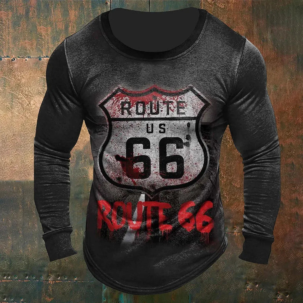 Men's long sleeve cartoon print T-shirt, slim fit, round neck, polyester, sizes S to 6XL.