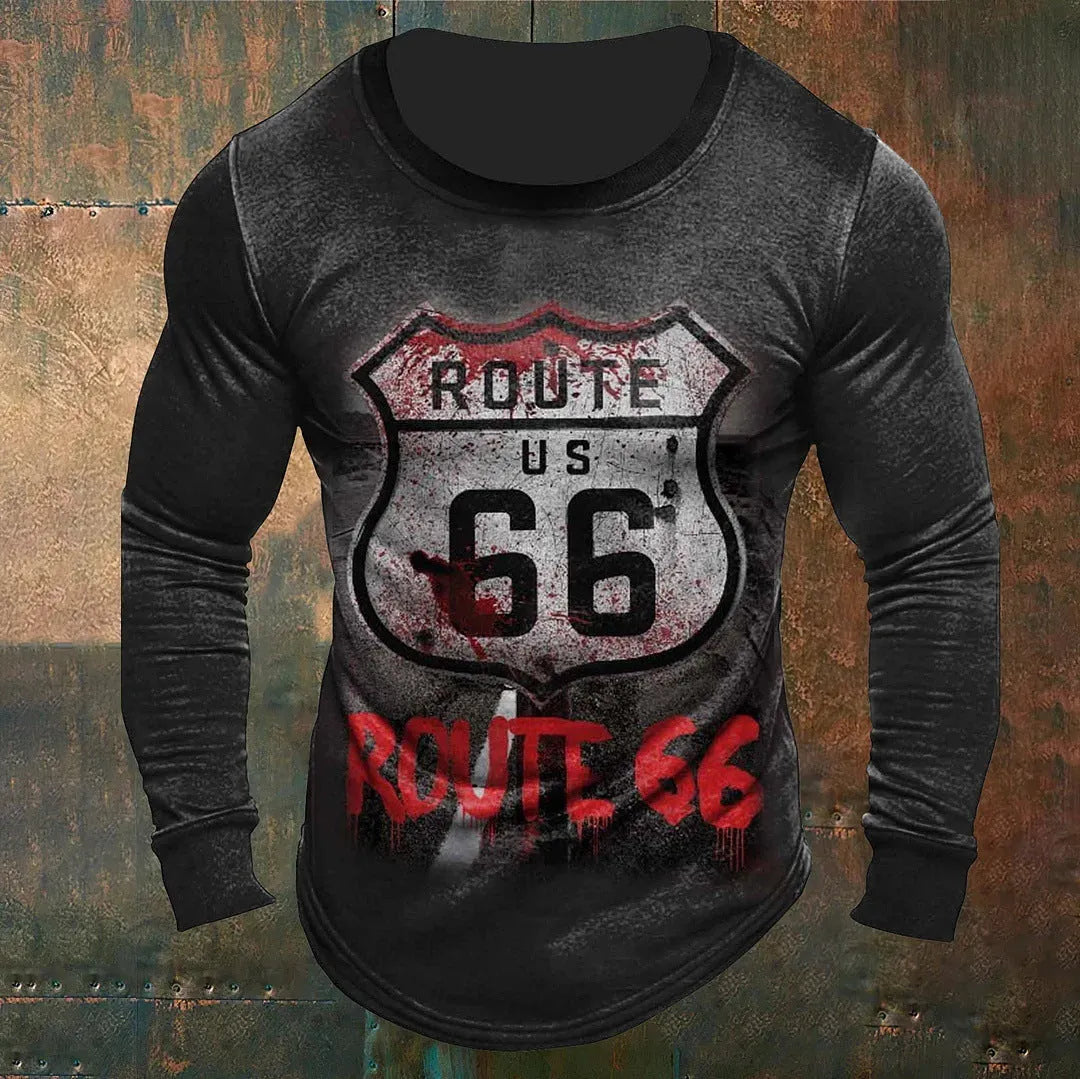 Men's long sleeve cartoon print T-shirt, slim fit, round neck, polyester, sizes S to 6XL.