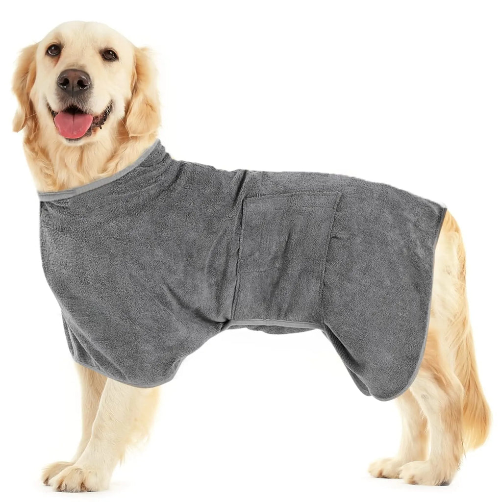 Grey nylon dog robe towel drying coat for pets with wrap-around design