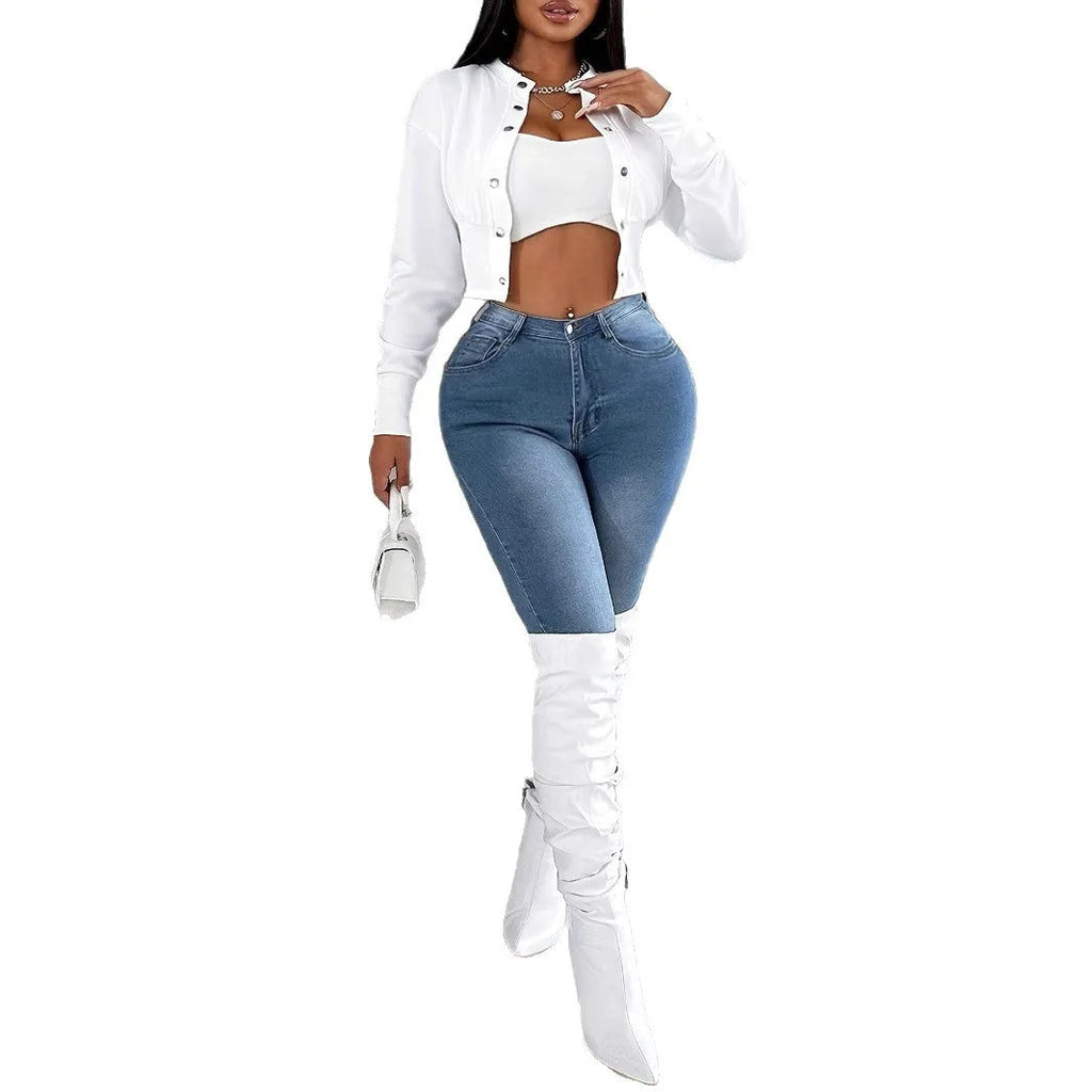 Women's single-breasted polyester slim fit casual jacket in pink with long sleeves and button front
