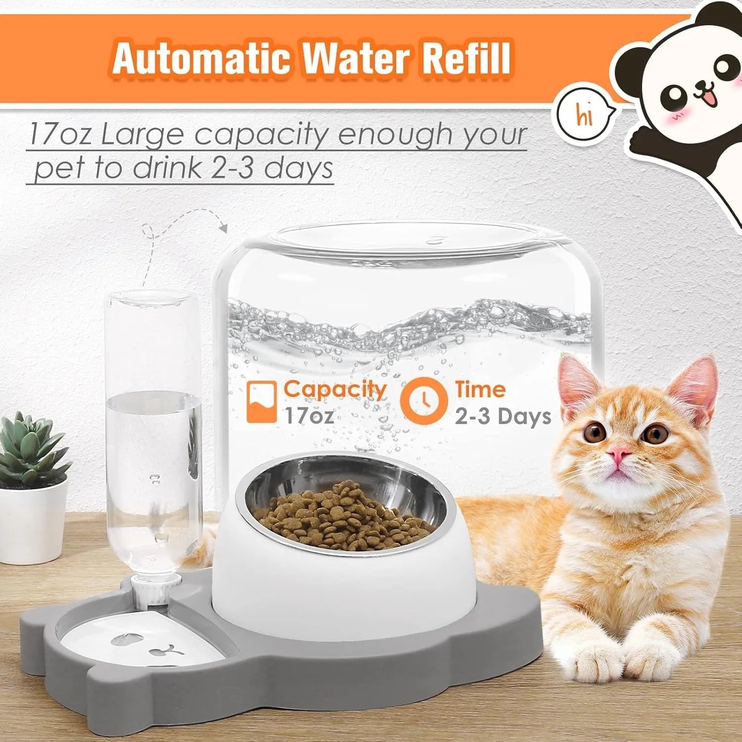 Grey panda-shaped automatic water dispenser and tilted stainless steel feeding bowl set for cats and small dogs