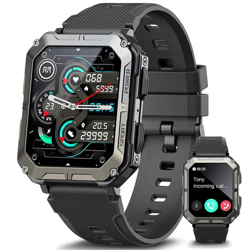 Sport smart watch with Bluetooth calling and TFT screen in black on wrist showing heart rate monitor