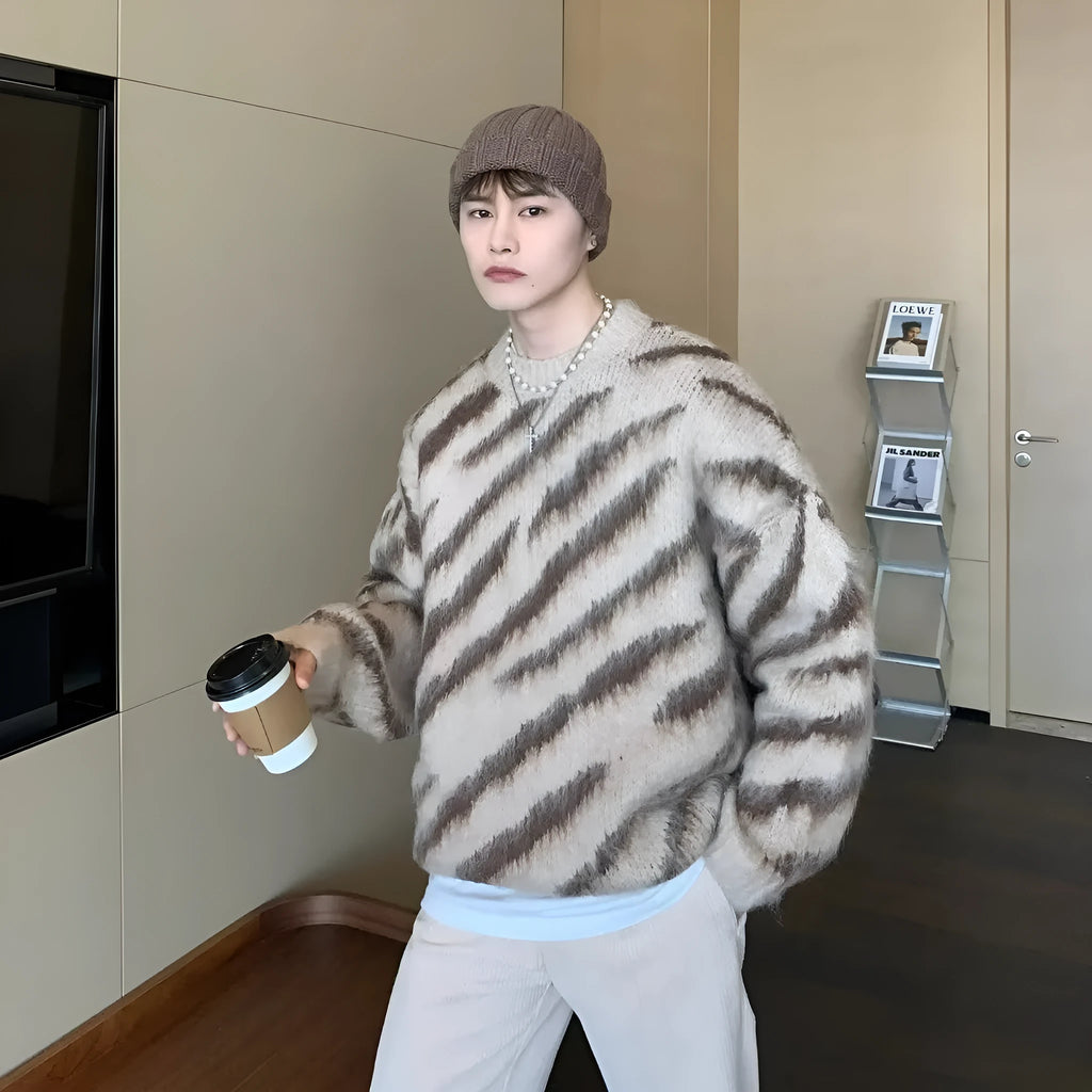 Men's zebra stripe retro cardigan loose knit sweater in cotton blend, gray and apricot colours