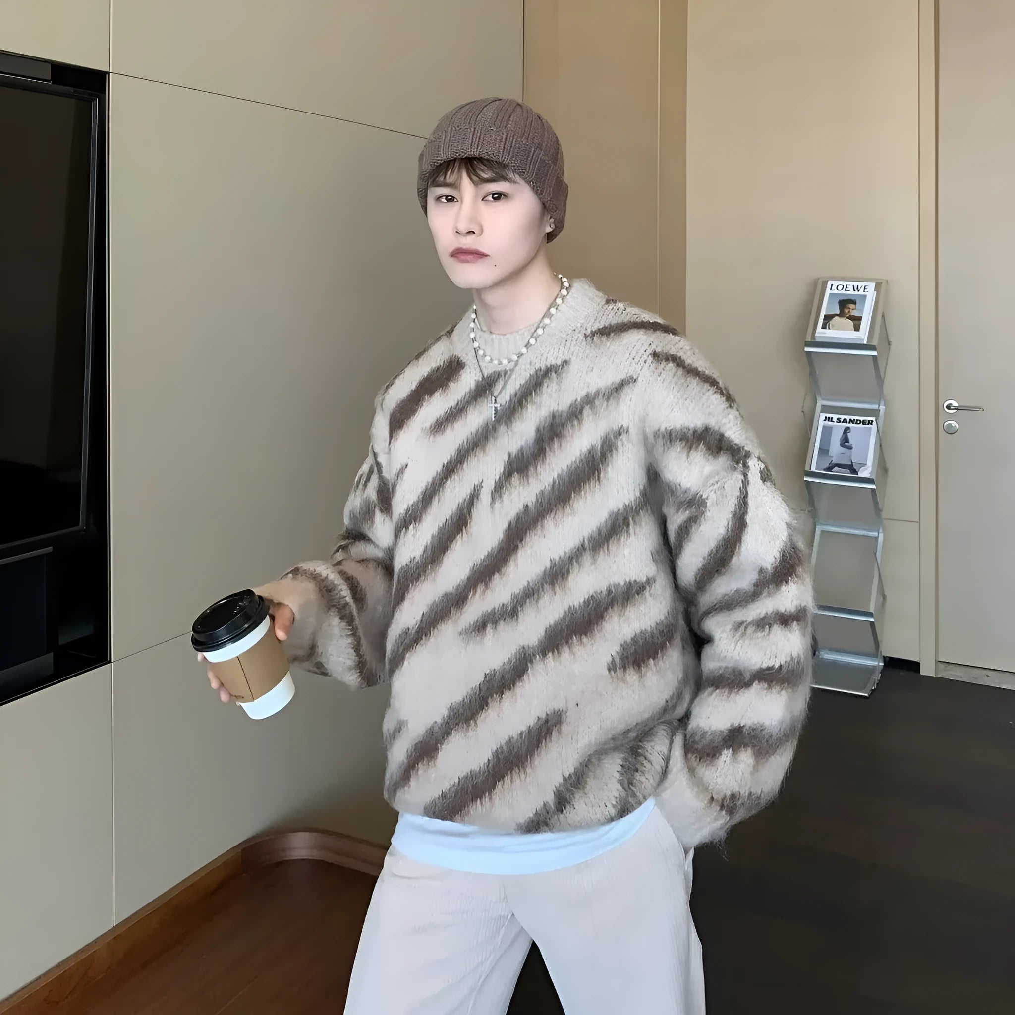 Men's zebra stripe retro cardigan loose knit sweater in cotton blend, gray and apricot colours