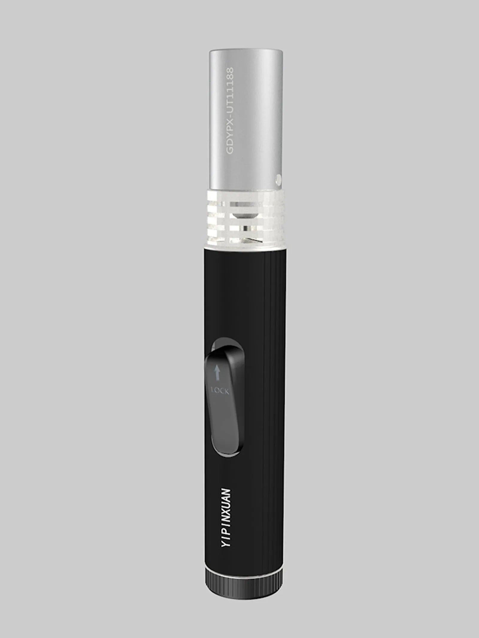 Metal portable flamethrower torch with frosted finish and child lock.