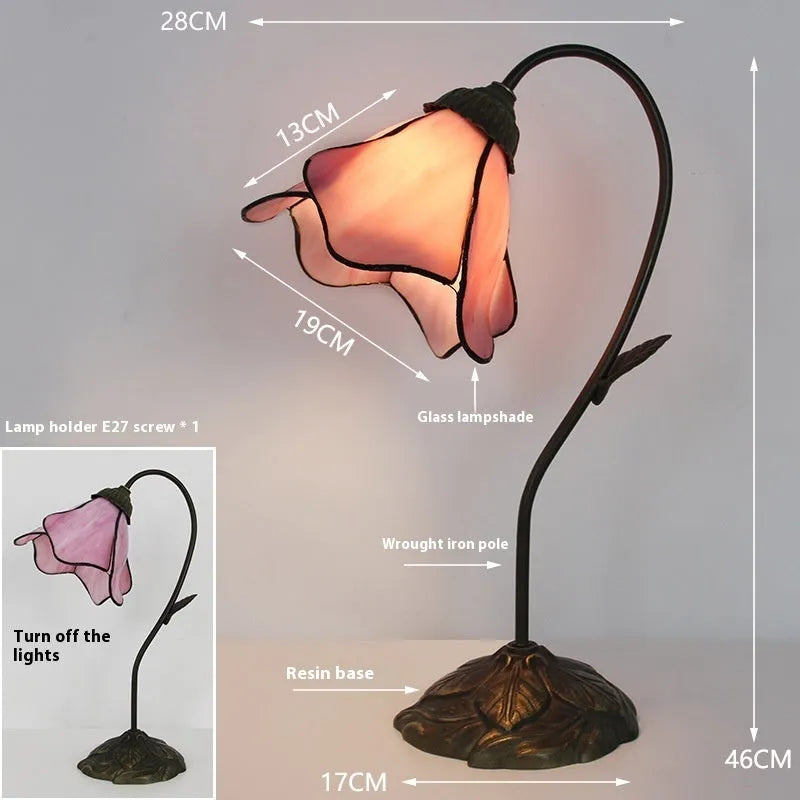 American classical retro style glass table lamp with ornate lotus shade, shown in a beige double head configuration.