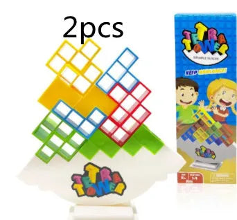 Plastic balance stacking board game with 16 coloured blocks, chassis, and base on a 26.5cm square box.