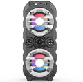 Portable Bluetooth speaker with colourful LED lights in blue, red, or silver grey with push-pull rod design