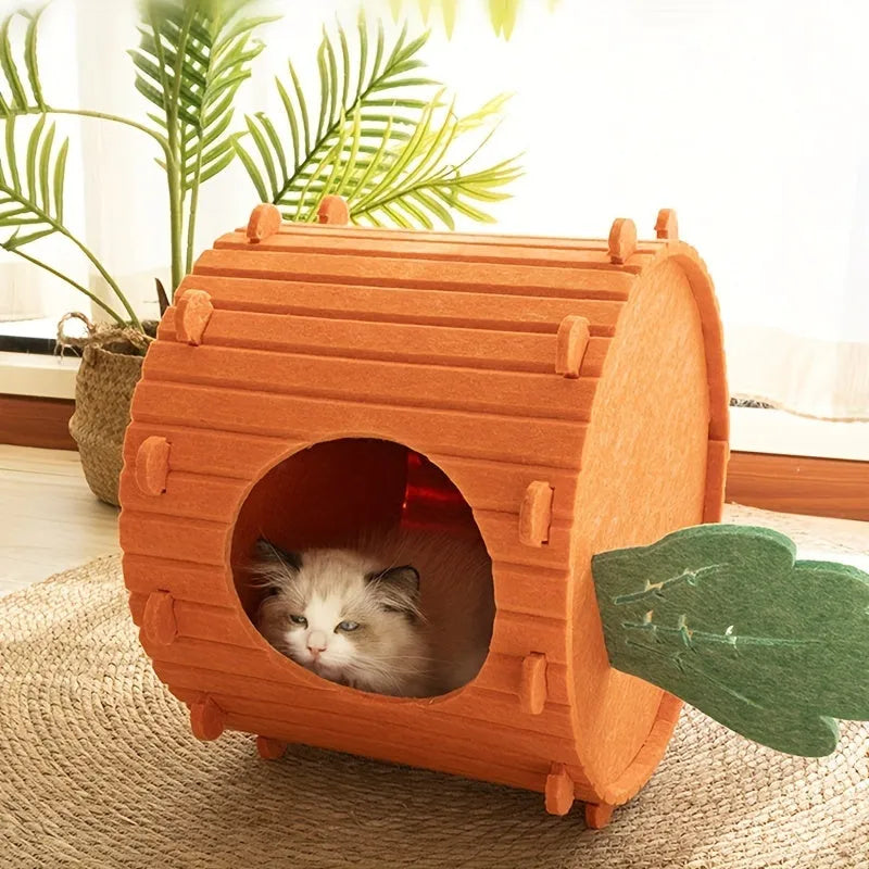 Carrot-shaped grey felt cat bed with a round tunnel entrance, shown next to a cat.