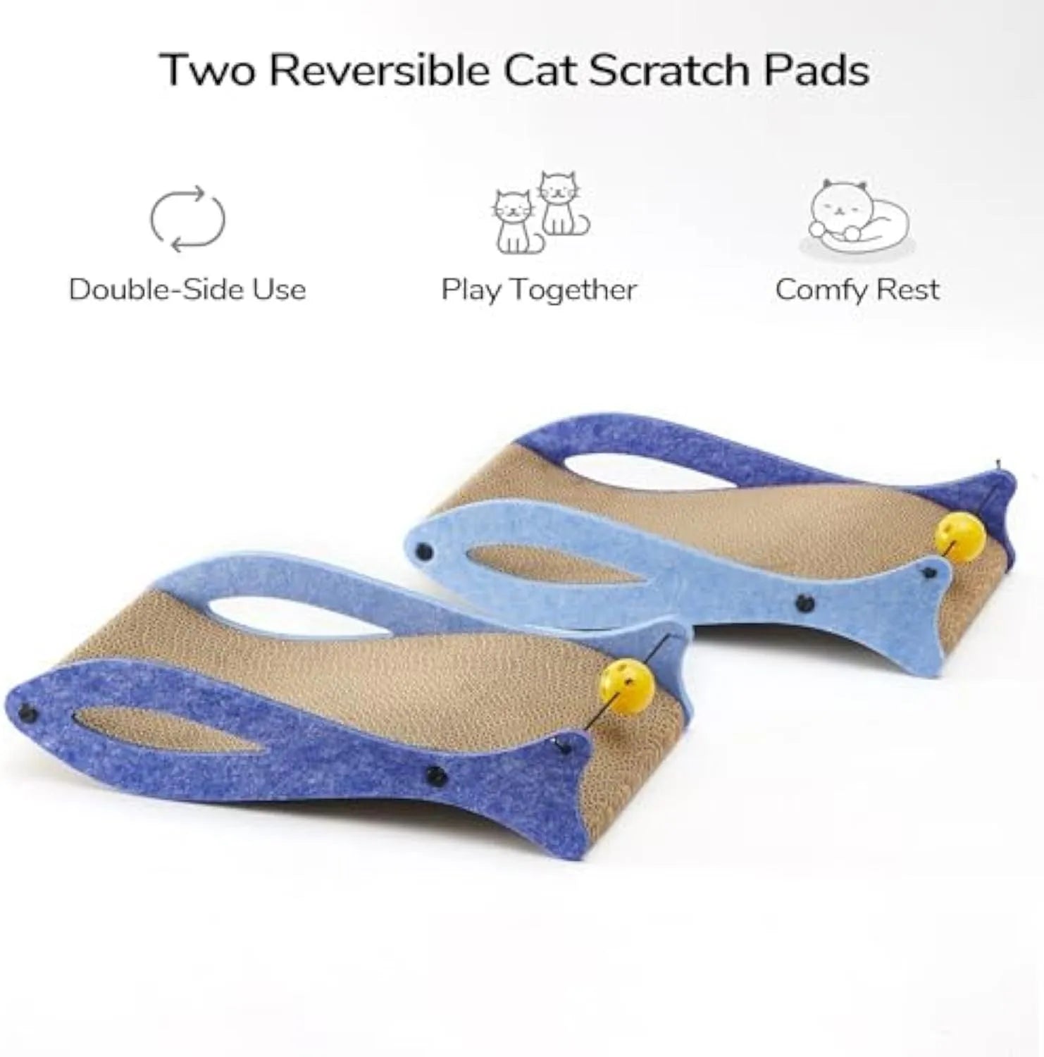 Blue fish-shaped cardboard cat scratcher with bell ball toys attached on elastic cord