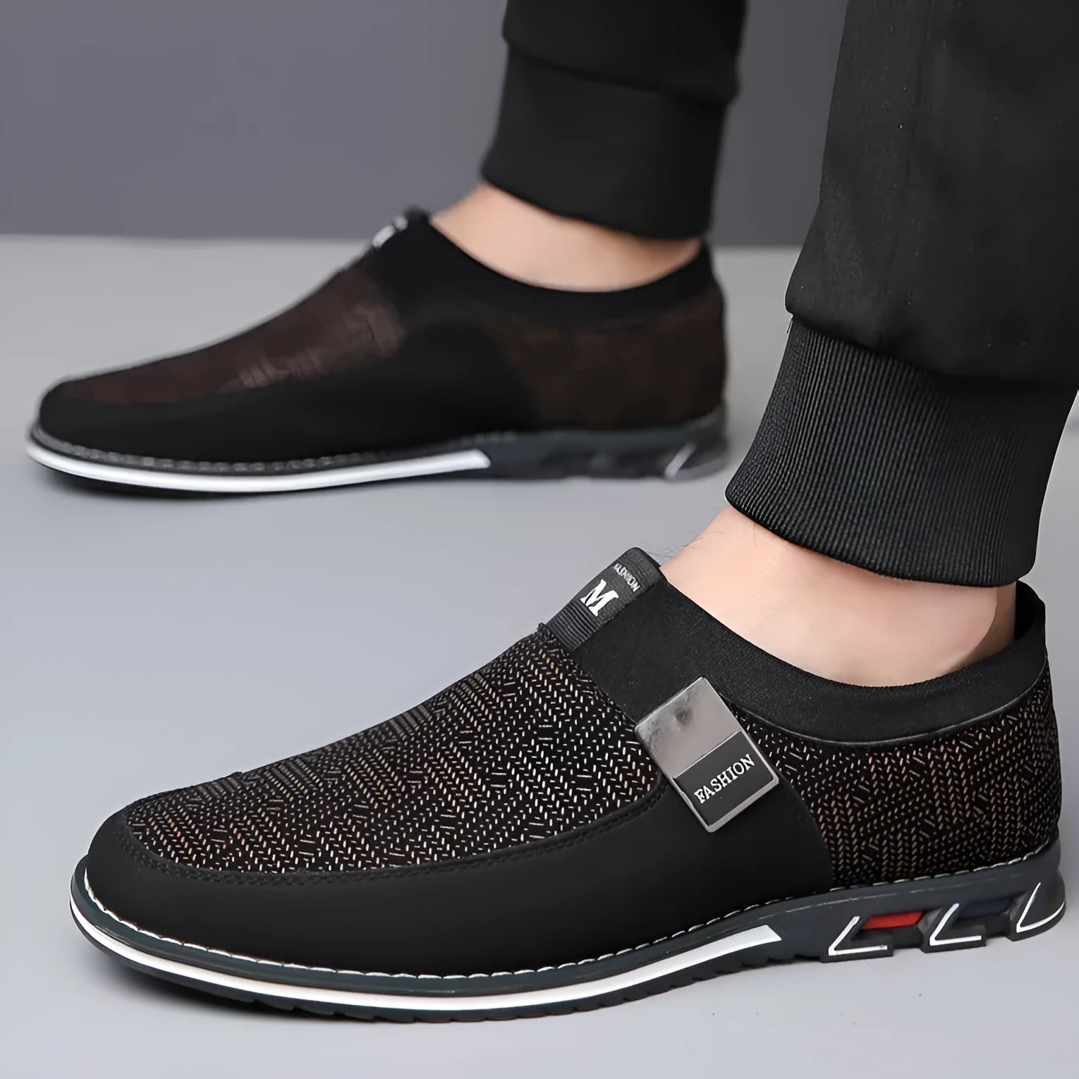 Men's synthetic leather casual shoes in black with a square toe and flat rubber sole.
