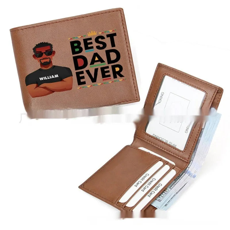 Brown personalised leather wallet with letter print, contrast stitching, and slim 10.5cm profile