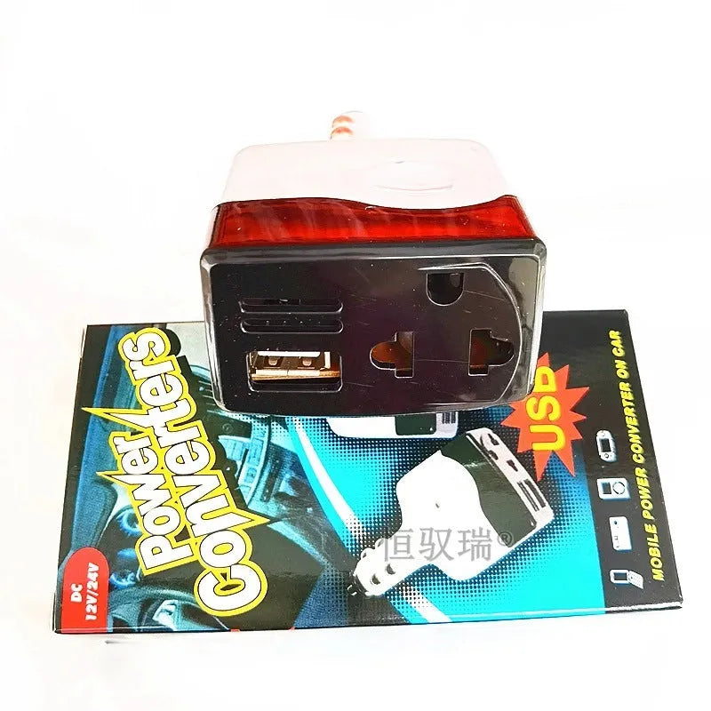 Car transformer power supply with cigarette lighter plug and USB output for mobile charging