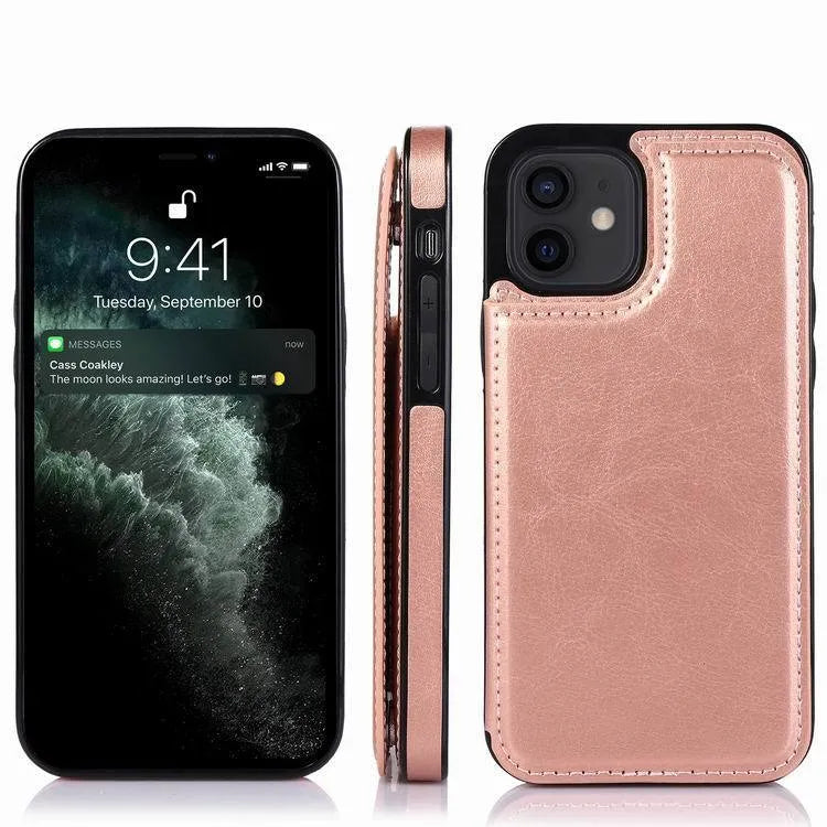 Crazy horse pattern PU TPU double buckle bracket phone case for iPhone 13 Pro Max in brown colour