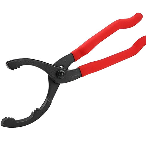 Red 12 inch high carbon steel filter wrench for removing oil filters, laid on a workshop surface