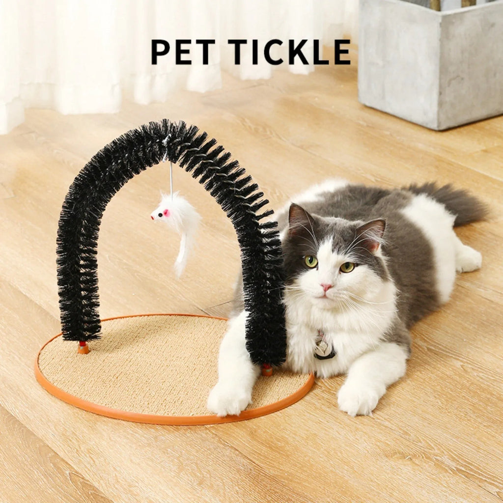 Black arch-shaped plastic cat grooming device with a mop and scratching surfaces, featuring a plush mouse toy.