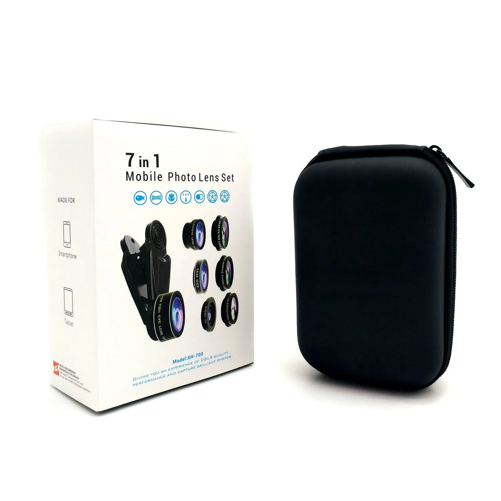 7-in-1 mobile phone camera lens kit with fisheye, wide angle, macro, 2X telephoto, CPL, star and kaleidoscope lenses plus universal clip