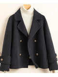 Women's solid colour polyester woolen coat in black with conventional sleeves, front view