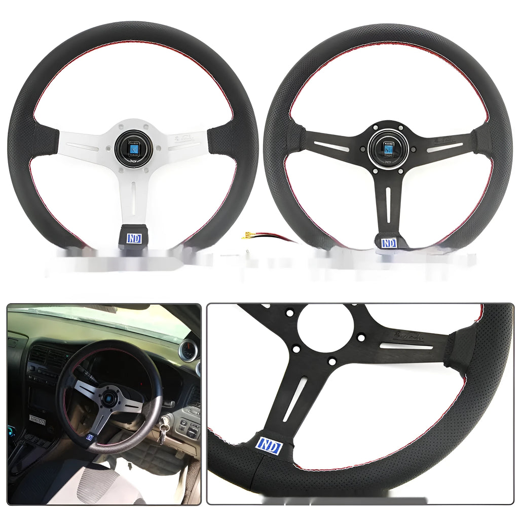Leather 14-inch middle concave car steering wheel with hand stitching, showing black skeleton option