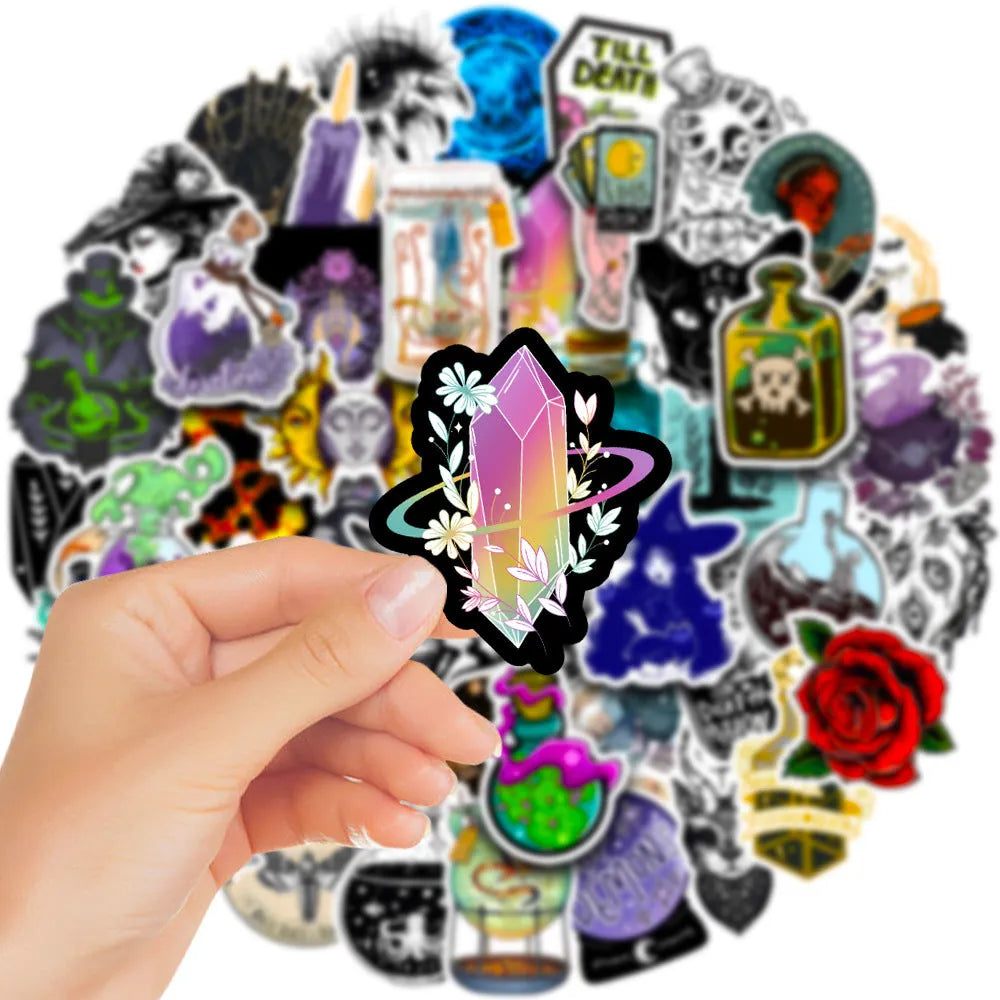 Pack of 50 glossy waterproof PVC stickers in various sizes from 3 to 8 cm for laptops and smooth surfaces.