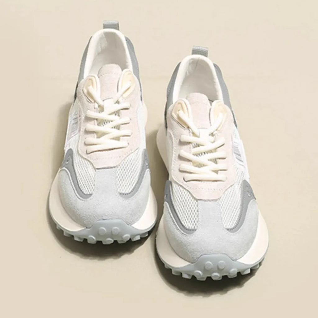 Women's grey retro low-top sneakers with round toe and flat rubber sole
