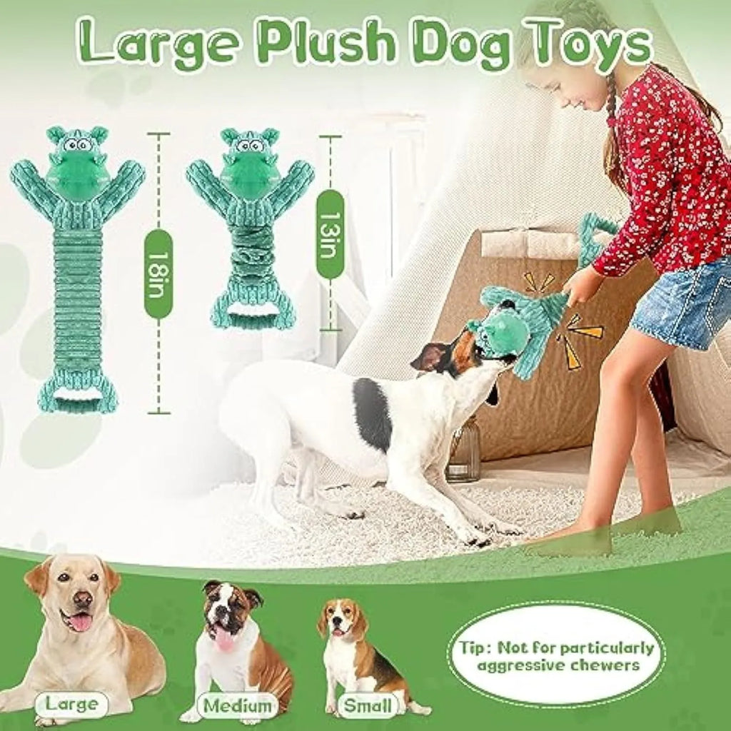 Large plush hippo or monkey dog toy with a handle, shown for interactive squeaky and tug-of-war play.