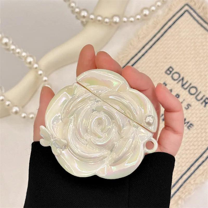 Pearl white camellia silicone AirPods case with lanyard, laser pearlescent finish