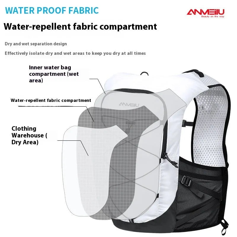 5L nylon hydration backpack in black or white, available in S, M, and L sizes, for cross-country and climbing. Water bag not included.