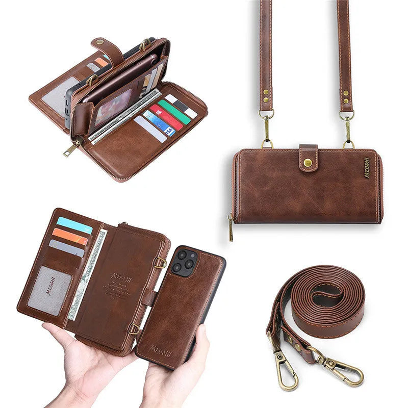 Black leather flip phone case with a detachable wallet backpack, shown open next to a smartphone.