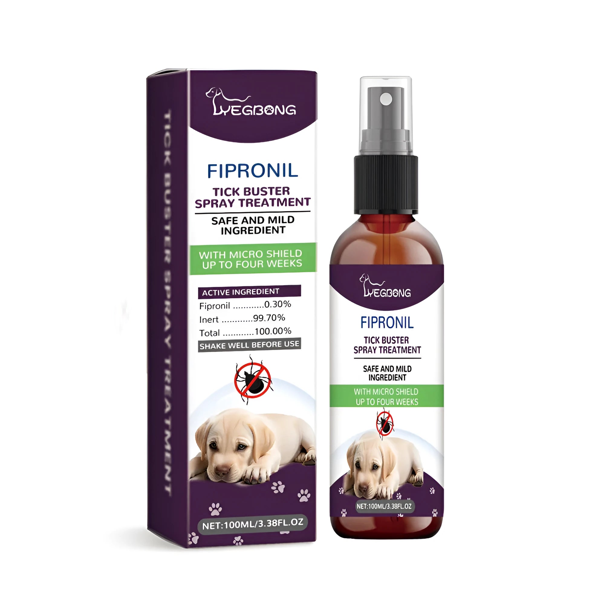 100ml bottle of pet bug spray with mild mint and honeysuckle extracts for dogs and cats.