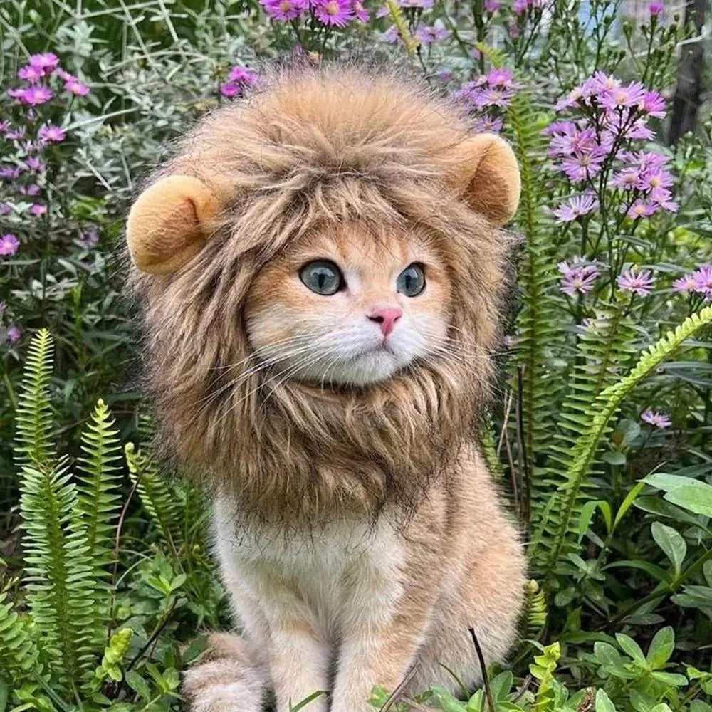 Lion mane wig costume accessory for cats and small dogs with artificial hair and adjustable elastic band