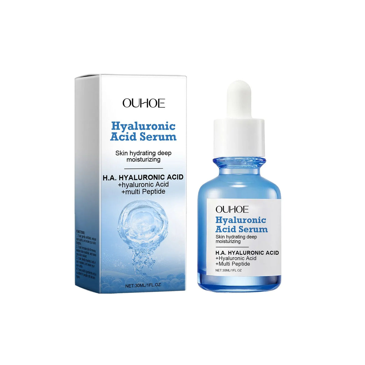30ml facial moisturising essence in a clear bottle, 3.8 x 3.8 x 8.6 cm, with ingredients list showing glycerol and hyaluronic acid.