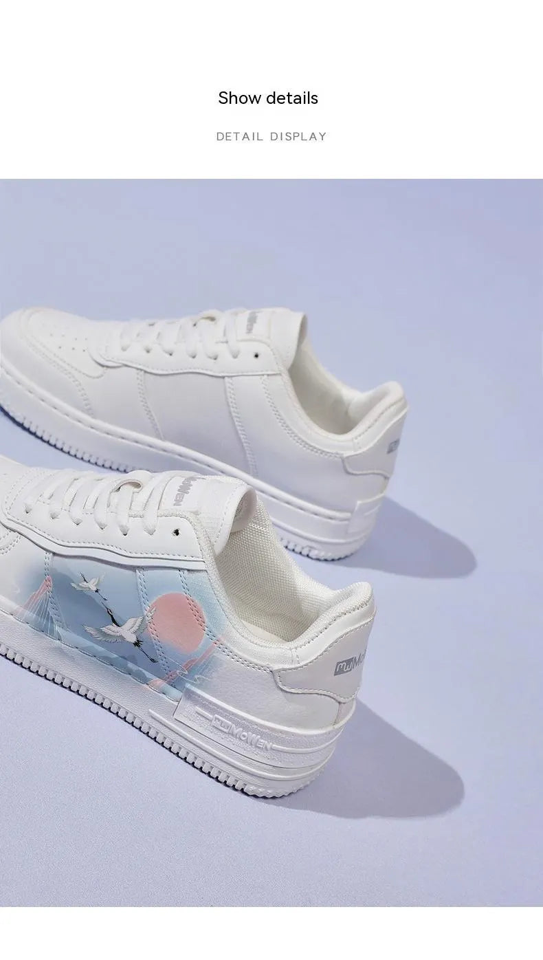 White crane board sneakers low top artificial PU cartoon style white with sky blue laces unisex spring shoes