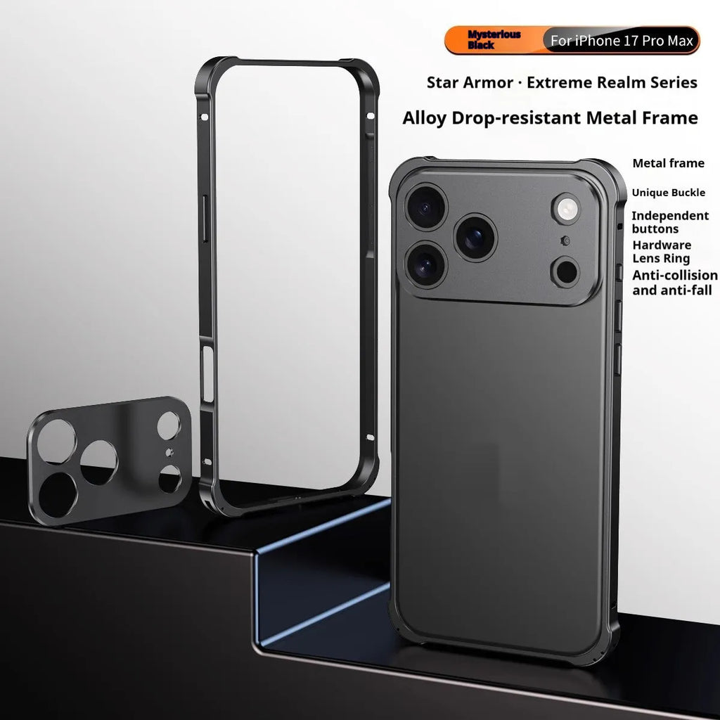 iPhone 17 alloy mobile phone case with metal corner frame and seahorse buckle in frosted finish